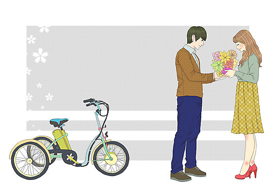 전신 PSD 식물 커플 여자 남자 꽃 교통수단 꽃다발 커플라이프 데이트 일러스트 선물 사랑 서기 들기 사람 성인 두명 자전거 성인만 국내일러스트 라이프스타일 감정 교통 관계 모션 바이크 파일형식