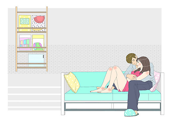 전신 PSD 커플 여자 남자 커플라이프 쿠션 의자 데이트 일러스트 휴식 선반 사랑 사람 앉기 성인 두명 소파 기댐 스킨십 서랍장 성인만 국내일러스트 라이프스타일 감정 가구 컨셉 관계 모션 파일형식