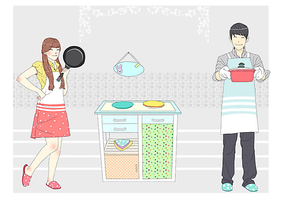 전신 PSD 커플 여자 남자 커플라이프 데이트 일러스트 주방용품 슬리퍼 사랑 요리 서기 웃음 들기 사람 성인 두명 주방 앞치마 프라이팬 냄비 서랍장 성인만 국내일러스트 라이프스타일 감정 가구 생활용품 신발 관계 모션 표정 솥 파일형식