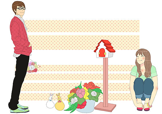 전신 PSD 식물 커플 여자 남자 꽃 화분 인형 커플라이프 데이트 일러스트 사랑 서기 웃음 들기 사람 앉기 성인 두명 우체통 성인만 국내일러스트 라이프스타일 감정 관계 모션 표정 파일형식