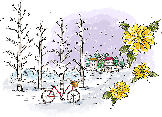 나무 식물 건축물 계절 꽃 백그라운드 겨울 일러스트 자연 주택 풍경 사람없음 건물 바구니 자전거 눈 풀 복수초 겨울배경 국내일러스트 AI파일 건축 바이크 생태계 파일형식 벡터