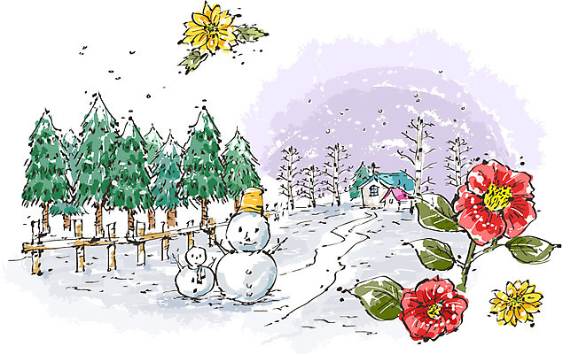 나무 식물 건축물 계절 꽃 백그라운드 겨울 일러스트 자연 눈사람 주택 풍경 사람없음 건물 울타리 설원 소나무 풀 눈길 복수초 겨울배경 국내일러스트 AI파일 건축 길 담장 눈 생태계 파일형식 벡터