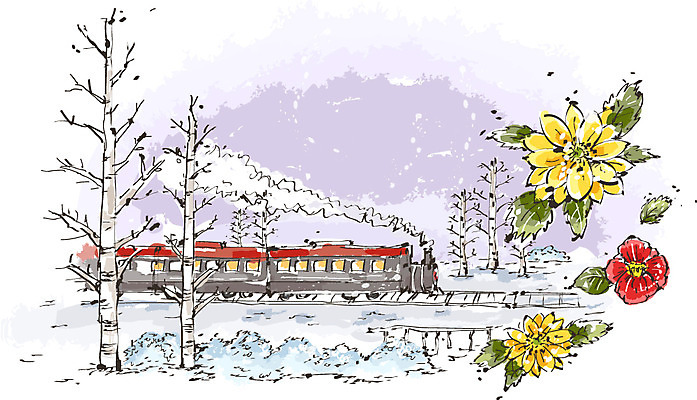 나무 식물 계절 꽃 백그라운드 겨울 일러스트 자연 풍경 사람없음 설원 기찻길 기차 눈 풀 동백 복수초 철도의날 겨울배경 국내일러스트 AI파일 육상교통 대중교통 생태계 파일형식 벡터 법정기념일