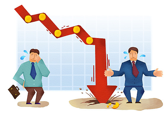 전신 PSD 남자 화살표 일러스트 비즈니스 그래프 서기 사람 정장 성인 두명 경제 직장인 비즈니스맨 떨어짐 하락 불황 경제불황 울상 남자만 성인남자만 성인만 국내일러스트 직업 옷 컨셉 모션 파일형식