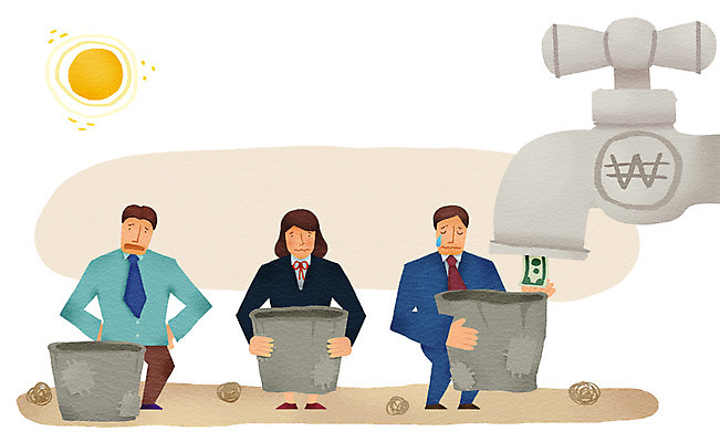 전신 PSD 여자 남자 돈 일러스트 비즈니스 통 서기 들기 사람 정장 성인 세명 금융 경제 태양 직장인 비즈니스맨 비즈니스우먼 화폐기호 눈물 수도꼭지 불황 경제불황 울상 성인만 국내일러스트 자연요소 직업 기호 옷 감정 모션 재산 화폐 파일형식