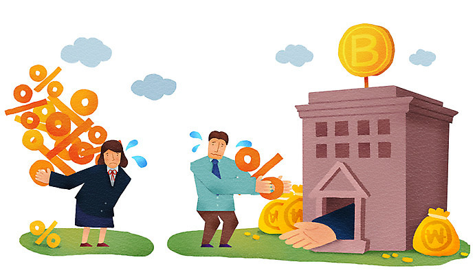 전신 PSD 구름 여자 남자 일러스트 비즈니스 서기 들기 사람 정장 성인 두명 건물 경제 직장인 비즈니스맨 비즈니스우먼 퍼센트 돈다발 눈물 은행 불황 대출 경제불황 울상 성인만 국내일러스트 자연요소 직업 건축물 옷 감정 돈 모션 금융 특수기호 파일형식