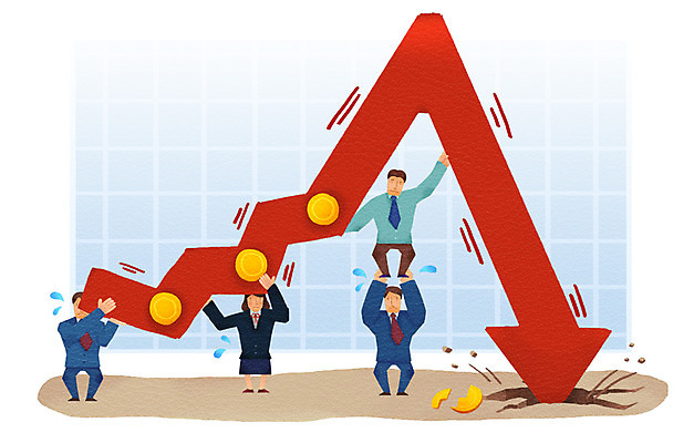 전신 PSD 여자 남자 화살표 일러스트 비즈니스 그래프 서기 들기 사람 정장 여러명 성인 경제 직장인 비즈니스맨 비즈니스우먼 하락 불황 경제불황 성인만 국내일러스트 직업 옷 다수 컨셉 모션 파일형식