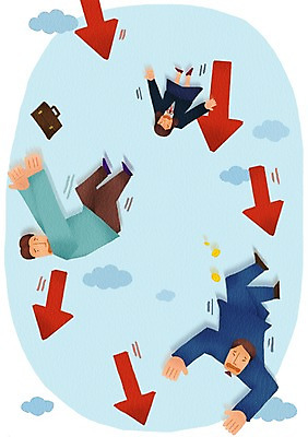 PSD 구름 여자 남자 화살표 가방 일러스트 비즈니스 하늘 사람 정장 성인 세명 경제 직장인 비즈니스맨 비즈니스우먼 떨어짐 하락 불황 경제불황 성인만 국내일러스트 자연요소 직업 잡화 옷 컨셉 파일형식