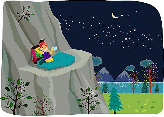 나무 식물 구름 라이프스타일 남자 별 가방 일러스트 배낭 자연 밤하늘 하늘 레저용품 레저 산 아웃도어 캠핑도구 한명 들기 사람 앉기 초원 상반신 성인 취미 라이프 컵 강 캠핑 달 돌_바위 바위 풀 초승달 즐거움 상쾌 침낭 남자만 남자한명만 성인남자만 성인만 국내일러스트 AI파일 자연요소 1 식기 잡화 감정 모션 생활 도구 야간 생태계 파일형식 벡터