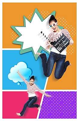 전신 PSD 외국인 편집 편집이미지 여자 백그라운드 말풍선 들기 사람 동양인 성인 두명 공중 선글라스 달리기 점프 클래퍼보드 만화 자르기 영화 과정 카툰스타일 여자만 성인여자만 성인만 이미지편집 안경 컨셉 모션 문화예술 인종 파일형식