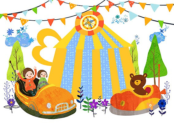 PSD 나무 식물 동물 라이프스타일 여자 남자 꽃 어린이라이프 어린이 일러스트 곰 포유류 자동차 놀이 함께함 사람 소녀 소년 상반신 취미 두명 라이프 놀이공원 깃발 풀 놀이기구 즐거움 천막 소통 범퍼카 어린이만 국내일러스트 감정 육상교통 컨셉 생활 테마파크 파일형식