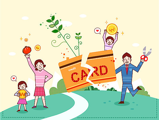 전신 나무 식물 여자 남자 딸 아들 어린이 돈 일러스트 가정 가족 가위 서기 사람 소녀 소년 여러명 성인 금융 경제 새싹 동전 저축 절약 신용카드 지갑 가정경제 지불수단 금융의날 국내일러스트 AI파일 다수 컨셉 관계 모션 문구용품 재산 결제 파일형식 벡터 법정기념일