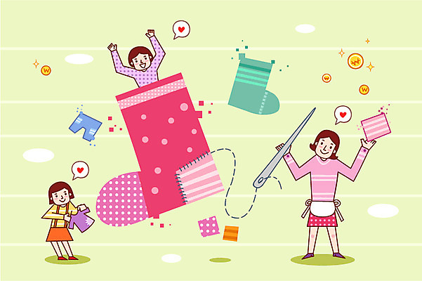 전신 옷 여자 남자 딸 아들 어린이 돈 일러스트 가정 가족 양말 서기 사람 소녀 소년 성인 세명 금융 경제 동전 재활용 저축 바늘 절약 실 바느질 가정경제 금융의날 국내일러스트 AI파일 컨셉 관계 모션 도구 재산 친환경 파일형식 벡터 법정기념일