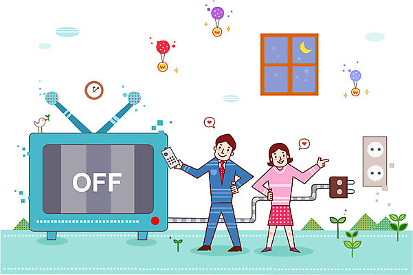 전신 식물 여자 남자 시계 돈 일러스트 창문 가정 가족 하늘 서기 사람 성인 두명 금융 경제 새싹 동전 텔레비전 저축 달 절약 콘센트 리모컨 가정경제 성인만 금융의날 국내일러스트 AI파일 자연요소 컨셉 관계 모션 전자제품 재산 파일형식 벡터 법정기념일