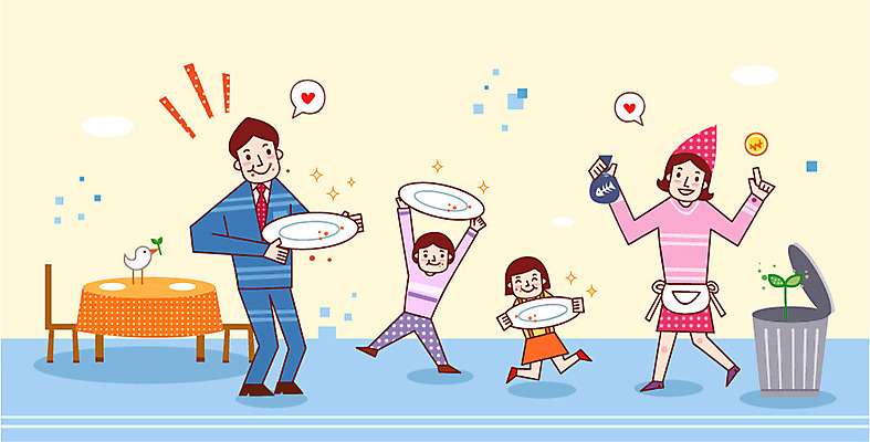 전신 그릇 식기 접시 여자 남자 딸 아들 어린이 의자 일러스트 가정 가족 식탁 탁자 서기 사람 소녀 소년 여러명 성인 경제 식사 앞치마 저축 쓰레기통 절약 쓰레기 가정경제 금융의날 국내일러스트 AI파일 가구 다수 컨셉 관계 모션 금융 파일형식 벡터 법정기념일