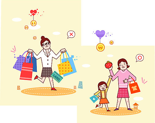 전신 여자 딸 어린이 돈 일러스트 가정 가족 서기 사람 소녀 성인 세명 금융 경제 쇼핑 쇼핑백 동전 저축 절약 신용카드 지갑 가정경제 여자만 금융의날 국내일러스트 AI파일 컨셉 가방 관계 모션 재산 파일형식 벡터 법정기념일