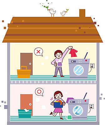 전신 건축물 여자 남자 일러스트 가정 가족 주택 통 서기 들기 사람 성인 두명 건물 경제 바구니 문 저축 절약 빨래 세제 가정경제 세탁기 성인만 금융의날 국내일러스트 AI파일 건축 컨셉 가사 관계 모션 금융 가전제품 파일형식 벡터 법정기념일