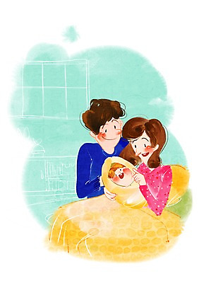 PSD 라이프스타일 응시 여자 남자 행복 일러스트 가족 안기 엄마 사람 상반신 성인 라이프 세명 이불 자녀 침대 아기 가족라이프 아빠 즐거움 포대 국내일러스트 시선 감정 가구 관계 침구 모션 생활 파일형식