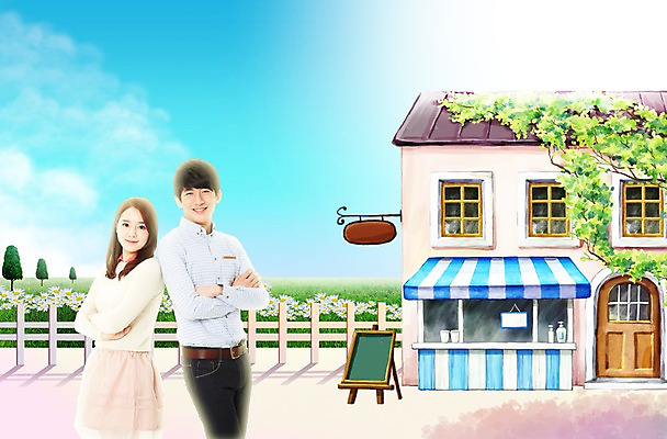 전신 PSD 나무 식물 편집 편집이미지 커플 여자 남자 꽃 백그라운드 꽃밭 꽃백그라운드 모션 하늘 알림판 서기 미소 웃음 사람 동양인 손짓 초원 20대 성인 두명 울타리 담장 팔짱 상점 칠판 카페 한국인 두름 청년만 성인만 이미지편집 관계 표정 인종 청년 파일형식