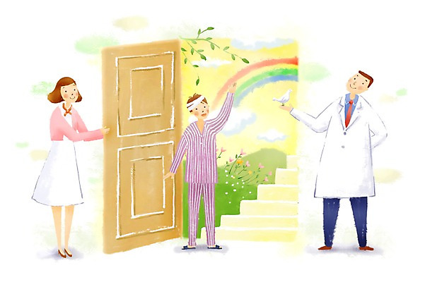 전신 PSD 식물 동물 여자 남자 무지개 일러스트 의학 조류 건강 병원 서기 사람 성인 치료 세명 문 건강관리 계단 환자 간호사 의료진 의사 나뭇가지 도움 보호 질병 복지 질병관리 성인만 국내일러스트 자연요소 나무 직업 컨셉 모션 관리 사회이슈 파일형식