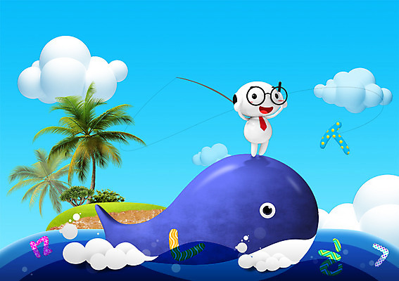 PSD 나무 식물 구름 문자 캐릭터 교육 바다 섬 백그라운드 일러스트 홍보캐릭터 하늘 낚시 교육캐릭터 3D캐릭터 한글 사람없음 야자수 낚싯대 고래 일러캐릭터 자연요소 포유류 레저 수중동물 낚시용품 파일형식