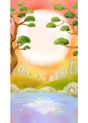 PSD 나무 식물 한국전통 계절 명절 호수 백그라운드 일러스트 자연 하늘 산 풍경 잔디 사람없음 추석 가을풍경 보름달 달 가을 연못 소나무 초크일러스트 가을배경 국내일러스트 자연요소 전통 기념일 한국 생태계 파일형식 가을_계절