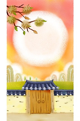 PSD 나무 식물 한국전통 계절 명절 열매 백그라운드 일러스트 자연 산 풍경 사람없음 담장 문 추석 가을풍경 보름달 달 가을 나뭇가지 밤 밤송이 대문 초크일러스트 가을배경 국내일러스트 자연요소 전통 기념일 한국 견과류 밤_견과류 생태계 파일형식 가을_계절