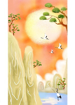 PSD 나무 식물 동물 구름 한국전통 계절 명절 호수 백그라운드 일러스트 자연 조류 하늘 산 풍경 사람없음 강 추석 가을풍경 학 보름달 달 가을 돌_바위 바위 소나무 초크일러스트 가을배경 국내일러스트 자연요소 전통 기념일 한국 생태계 파일형식 가을_계절