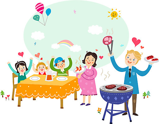 구름 접시 여자 남자 딸 아들 어린이 무지개 일러스트 가족 식탁 엄마 집게 육류 서기 미소 웃음 사람 소녀 소년 여러명 성인 태양 식사 임산부 아빠 그릴 바비큐 다문화 풍선 다문화사회 다문화가정 바베큐파티 국내일러스트 AI파일 자연요소 식기 음식 다수 식재료 관계 모션 탁자 주방용품 표정 파티 임신 사회_공동체 사회이슈 파일형식 벡터