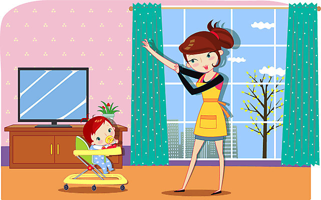 우먼라이프 여자 가사 일러스트 창문 엄마 실내 사람 성인 두명 부모 텔레비전 앞치마 육아 자녀 아기 커튼 모성애 슈퍼맘 보행기 슈퍼우먼 여자만 국내일러스트 AI파일 라이프스타일 가족 내부 전자제품 주부 파일형식 벡터