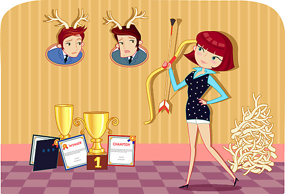 우먼라이프 여자 남자 일러스트 화살 들기 사람 세명 경쟁 우승 상 상패 트로피 활 사슴뿔 슈퍼우먼 국내일러스트 AI파일 라이프스타일 컨셉 모션 뿔 최고 상_우승 파일형식 벡터