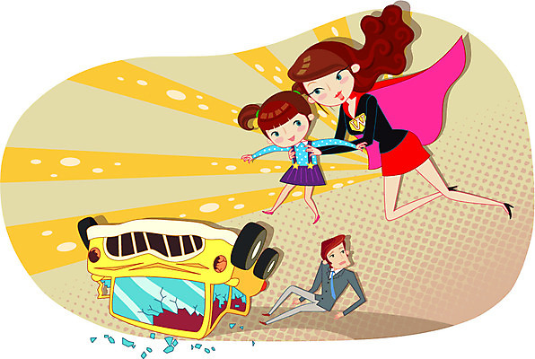 우먼라이프 여자 남자 어린이 일러스트 자동차 사람 소녀 성인 세명 비행 구출 망토 교통사고 영웅 원더우먼 슈퍼우먼 국내일러스트 AI파일 라이프스타일 육상교통 도움 사건 파일형식 벡터