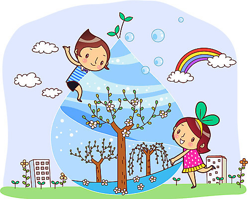 전신 나무 식물 구름 여자 남자 꽃 어린이 캠페인 무지개 일러스트 미소 웃음 사람 소녀 빌딩 소년 두명 건물 물 새싹 자연보호 그린캠페인 물방울 절약 보호 물절약 어린이만 국내일러스트 AI파일 자연요소 건축물 컨셉 자연 표정 파일형식 벡터