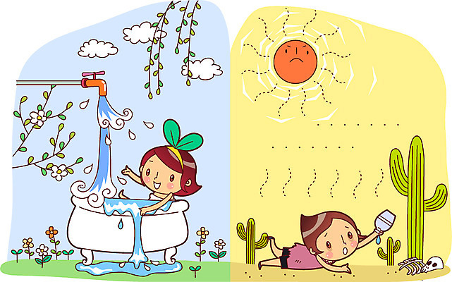 나무 식물 구름 여자 남자 꽃 어린이 캠페인 일러스트 해골 선인장 건조 욕조 사람 소녀 소년 두명 물 태양 자연보호 그린캠페인 목욕 사막 절약 보호 자연재해 물병 수도꼭지 재해 물절약 물부족 낭비 사막화 어린이만 국내일러스트 AI파일 자연요소 컨셉 자연 뼈 청결 사회이슈 물통 지구온난화 파일형식 벡터