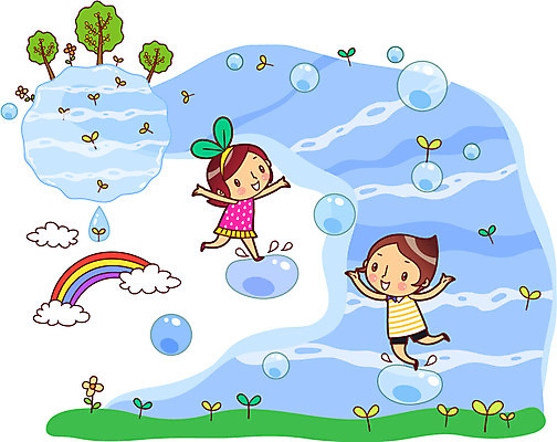 전신 나무 식물 구름 여자 남자 꽃 어린이 캠페인 무지개 일러스트 물놀이 미소 웃음 사람 소녀 소년 두명 물 새싹 자연보호 그린캠페인 물방울 절약 보호 물절약 어린이만 국내일러스트 AI파일 자연요소 컨셉 자연 놀이 표정 파일형식 벡터
