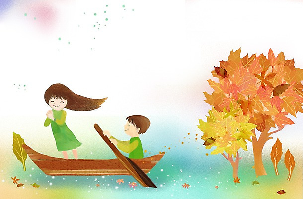 PSD 나무 식물 커플 계절 여자 남자 호수 어린이 백그라운드 일러스트 자연 서기 사람 앉기 풍경 소녀 소년 상반신 두명 강 가을풍경 가을 나룻배 노 선박 어린이만 가을배경 국내일러스트 수상교통 배_교통 관계 모션 생태계 파일형식 가을_계절