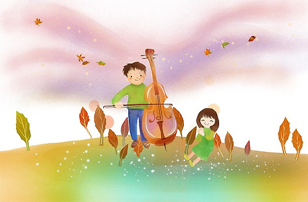 전신 PSD 나무 식물 계절 여자 남자 어린이 악기 백그라운드 연주 일러스트 자연 나뭇잎 서기 사람 앉기 풍경 소녀 소년 초원 두명 가을풍경 가을 첼로 어린이만 가을배경 국내일러스트 음악 잎 모션 생태계 파일형식 찰현악기 가을_계절