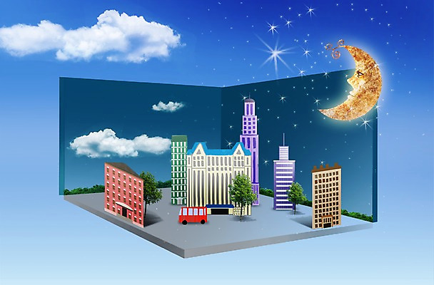 PSD 구름 편집 편집이미지 종이 자동차 밤하늘 하늘 거리 주택 풍경 빌딩 사람없음 건물 달 도시 초승달 타운 이미지편집 자연요소 건축물 육상교통 야간 파일형식