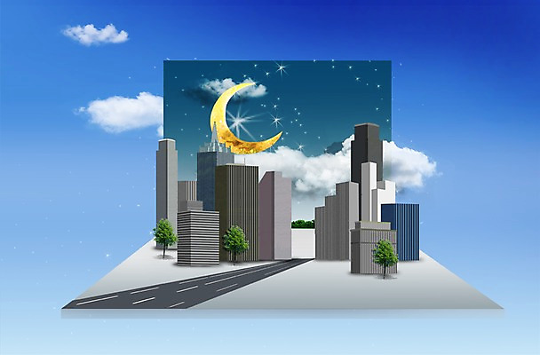 PSD 나무 구름 편집 편집이미지 종이 도로 밤하늘 하늘 거리 주택 풍경 빌딩 사람없음 건물 달 도시 초승달 타운 이미지편집 자연요소 식물 건축물 길 교통시설 야간 파일형식