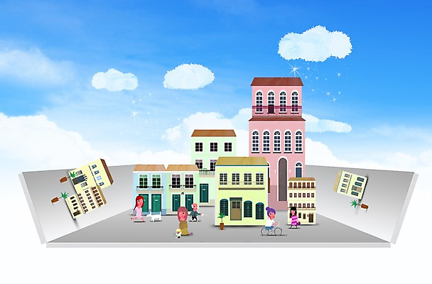 PSD 구름 편집 편집이미지 종이 길 하늘 거리 주택 풍경 여러명 건물 마을 도시 타운 이미지편집 자연요소 건축물 다수 사람 파일형식