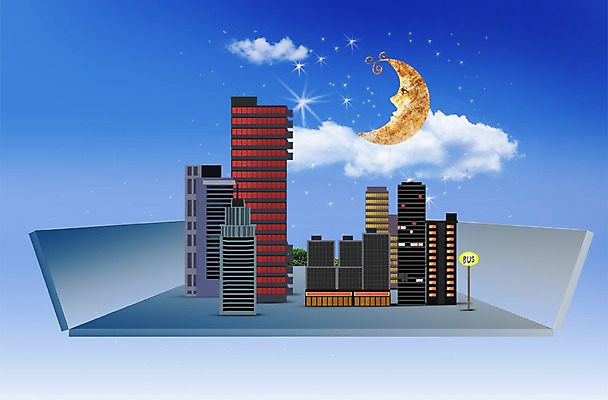 PSD 구름 편집 편집이미지 종이 밤하늘 하늘 거리 주택 풍경 빌딩 사람없음 건물 달 도시 버스정류장 초승달 타운 이미지편집 자연요소 건축물 역 야간 파일형식