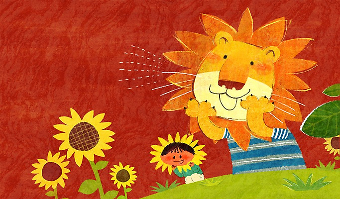 PSD 식물 동물 캐릭터 남자 꽃 어린이 동물캐릭터 일러스트 포유류 함께함 한명 사람 소년 잔디 풀 사자 즐거움 소통 천진난만 남자만 남자한명만 어린이만 소년만 소년한명만 일러캐릭터 1 감정 컨셉 파일형식