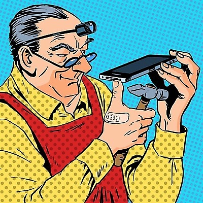 EPS 해외이미지 응시 노년 남자 안경 일러스트 한명 들기 상반신 스마트폰 관찰 반창고 망치 복고 팝아트 정비공 카툰스타일 노인남자한명만 해외202004 해외일러스트 1 시선 잡화 모션 사람 성인 핸드폰 스마트기기 공구 의료용품 기술자 그림 남자한명만 노인남자만 파일형식 벡터 이미지허브