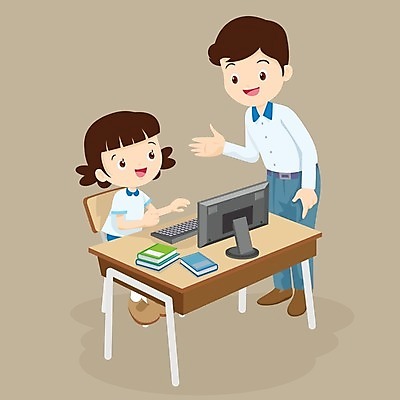 EPS 해외이미지 전신 학생 여자 남자 어린이 인터넷 일러스트 앉기 소녀 성인 두명 컴퓨터 교사 가르침 책상 인터넷교육 해외202004 해외일러스트 직업 교육 가구 모션 사람 전자제품 파일형식 벡터 이미지허브