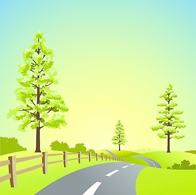 EPS 해외이미지 나무 도로 일러스트 풍경 사람없음 연두색 울타리 시골 언덕 해외202004 해외일러스트 식물 길 교통시설 초록색 담장 파일형식 벡터 이미지허브