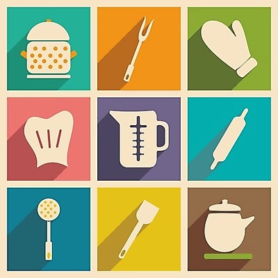 EPS 해외이미지 포크 일러스트 주전자 주방용품 요리사모자 사람없음 세트 컬러풀 냄비 심플 뒤집개 주걱 주방장갑 계량컵 반죽밀대 해외202004 해외일러스트 모자_잡화 식기 컬러 생활용품 장갑 컵 요리사 솥 밀대 계량 파일형식 벡터 이미지허브