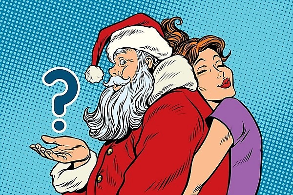 EPS 해외이미지 여자 노년 남자 크리스마스 일러스트 산타모자 포옹 성인 두명 산타클로스 손들기 물음표 팝아트 코믹 백허그 해외202004 해외일러스트 모자_잡화 기호 기념일 안기 모션 사람 그림 파일형식 벡터 이미지허브