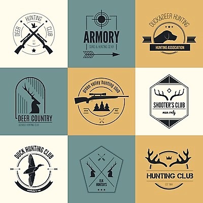 EPS 해외이미지 스티커 일러스트 사슴 오리 사람없음 세트 라벨 총 빈티지 사냥 사냥개 해외202004 해외일러스트 무기 컨셉 포유류 조류 프레임 개 파일형식 벡터 이미지허브