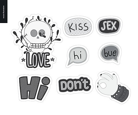 EPS 해외이미지 손 말풍선 스티커 일러스트 해골 사랑 사람없음 신체부위 세트 해외202004 해외일러스트 감정 뼈 사람 파일형식 벡터 이미지허브