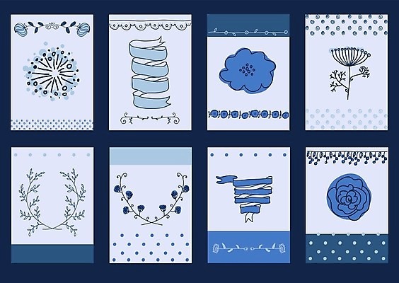 EPS 해외이미지 꽃 리본 일러스트 사랑 사람없음 파란색 세트 엽서 해외202004 해외일러스트 식물 감정 컬러 편지 파일형식 벡터 이미지허브